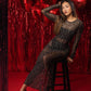 Black Crystal Diamond See Though Mesh Round Neck Long Party Dress