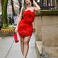 Red Strapless Open Back Large Flower Tight Micro Mini Dress
