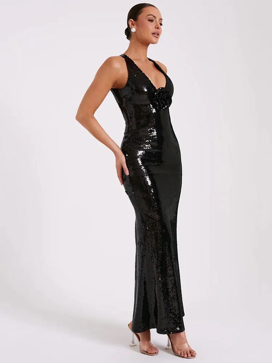 Black Sequin Long Dress V-neck  3D Flower Dress