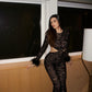 Black Long Sleeve Round Neck Open Back Feather Sequins Lace Tight Long jumpsuit