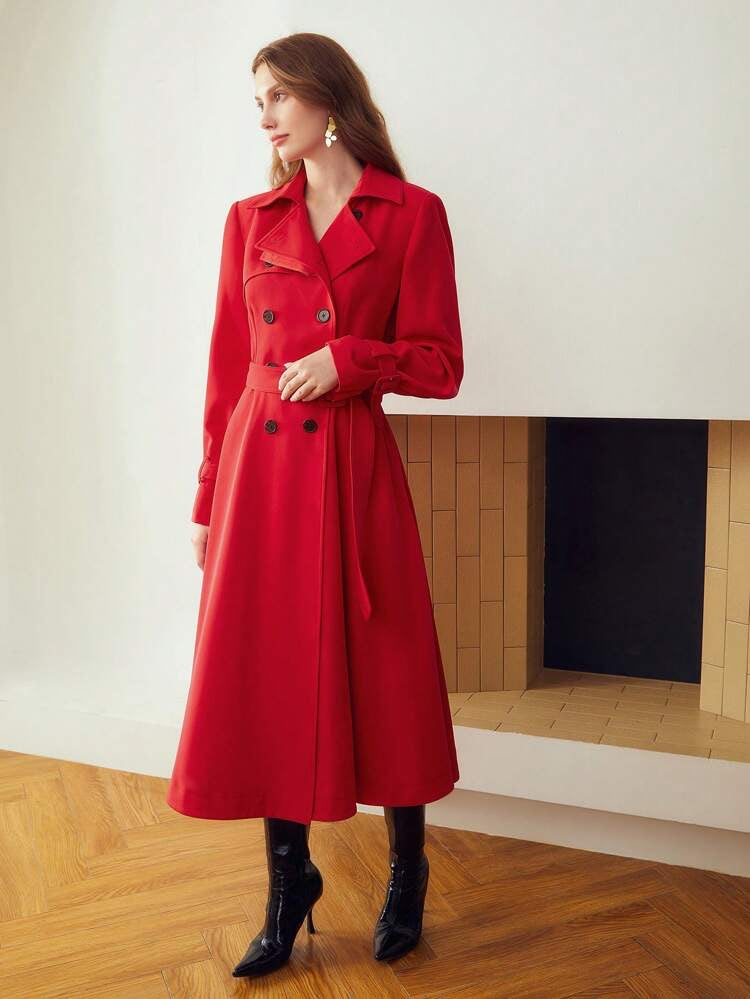 Red Slim Fit Double-Breasted Winter Dress with Stand Collar"