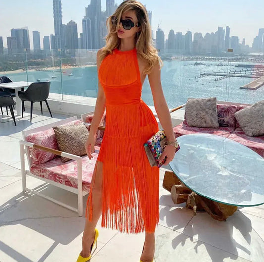 long maxi tassel fringe Bandage Dress party evening dress