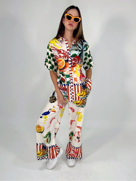 Multicolour New Summer Women Fashion Fancy Fruit Print Shirt With Wide Legs Pant