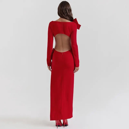 Red O Neck Long Sleeve Bodycon Club Party Long Dress