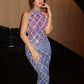 Purple & Blue Shaded Sequin Crystal Maxi Dress In