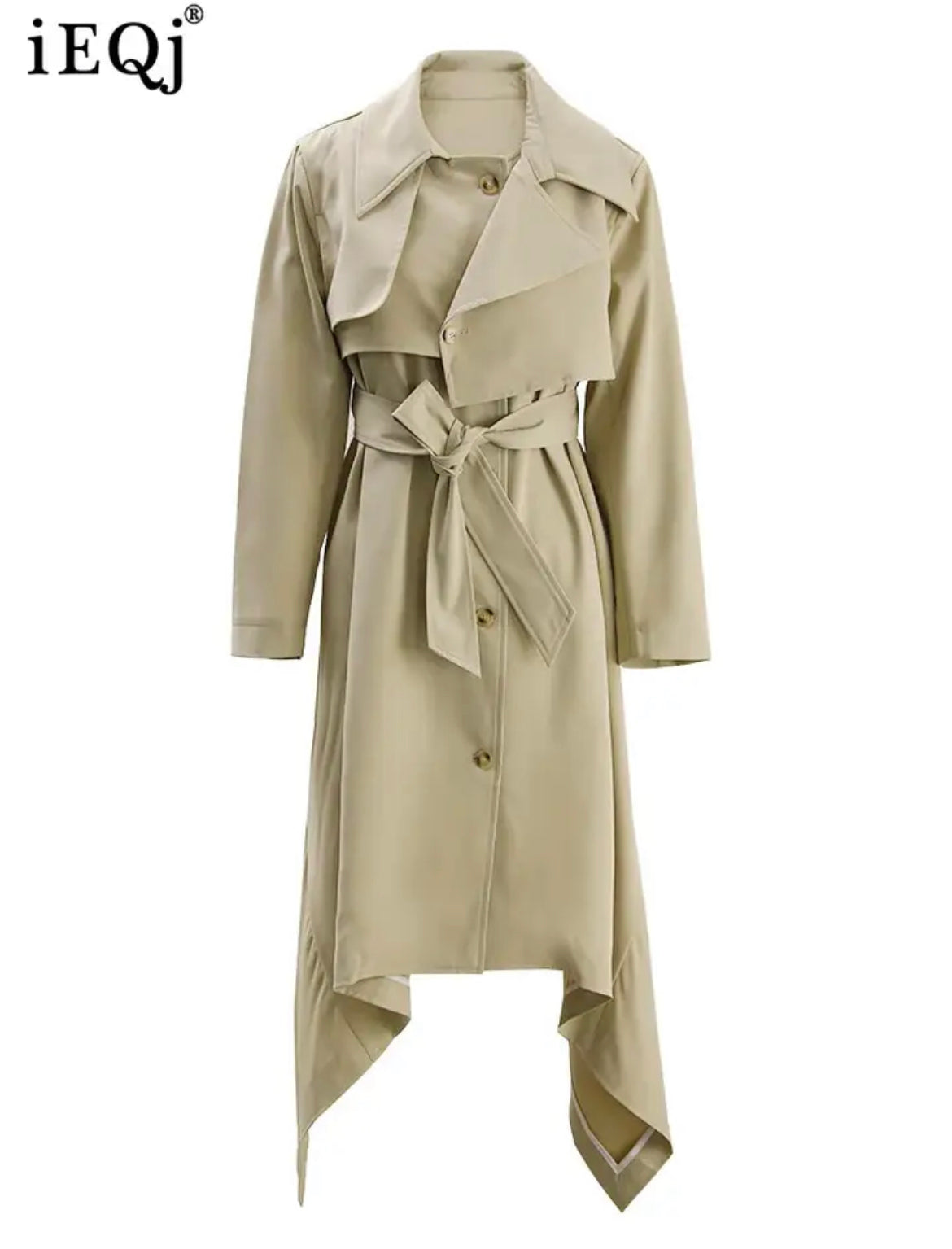 Beige solid Color Lace-up Trench Coat