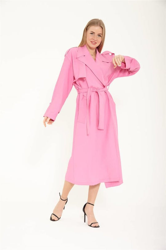 Pink Slim Fit Double-Breasted Winter Dress with Stand Collar"