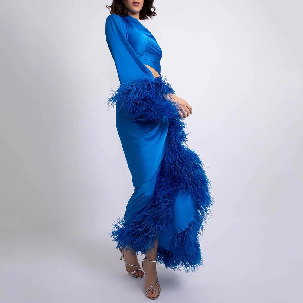 Blue Diagonal Neck Flare Sleeve Patchwork Feathers Slimming Dress