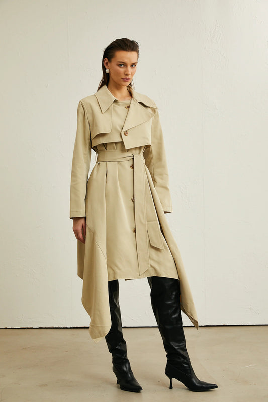 Beige solid Color Lace-up Trench Coat