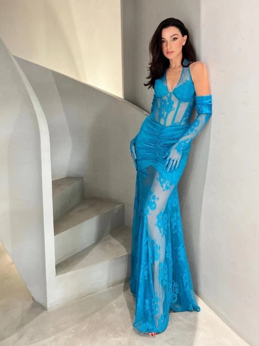 Blue Sexy V-neck Lace Mermaid Maxi Dress