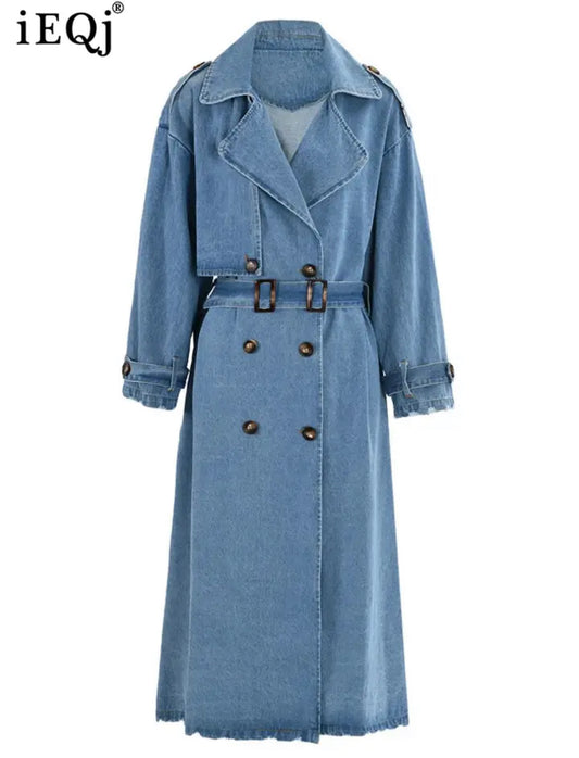 Blue Denim solid Color Lace-up Latern Sleeve long coat