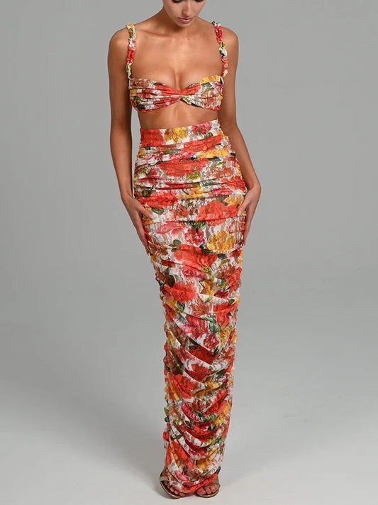 Strapless Top And Skirt Ruched Printed Two Piece Set