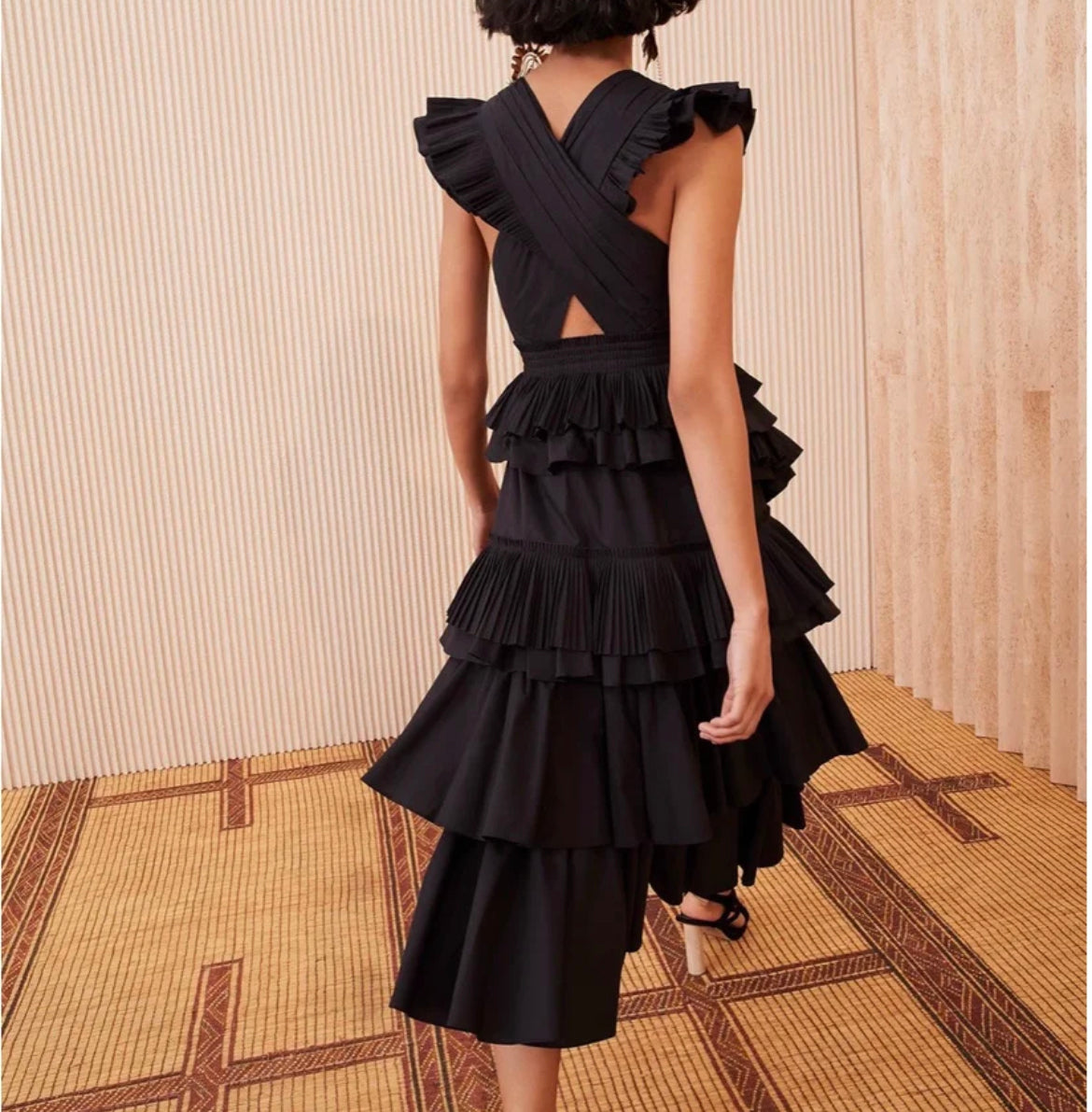 Black Cotton Asymmetry-neck  Ankle-Length Sleeveless Pleated Dress