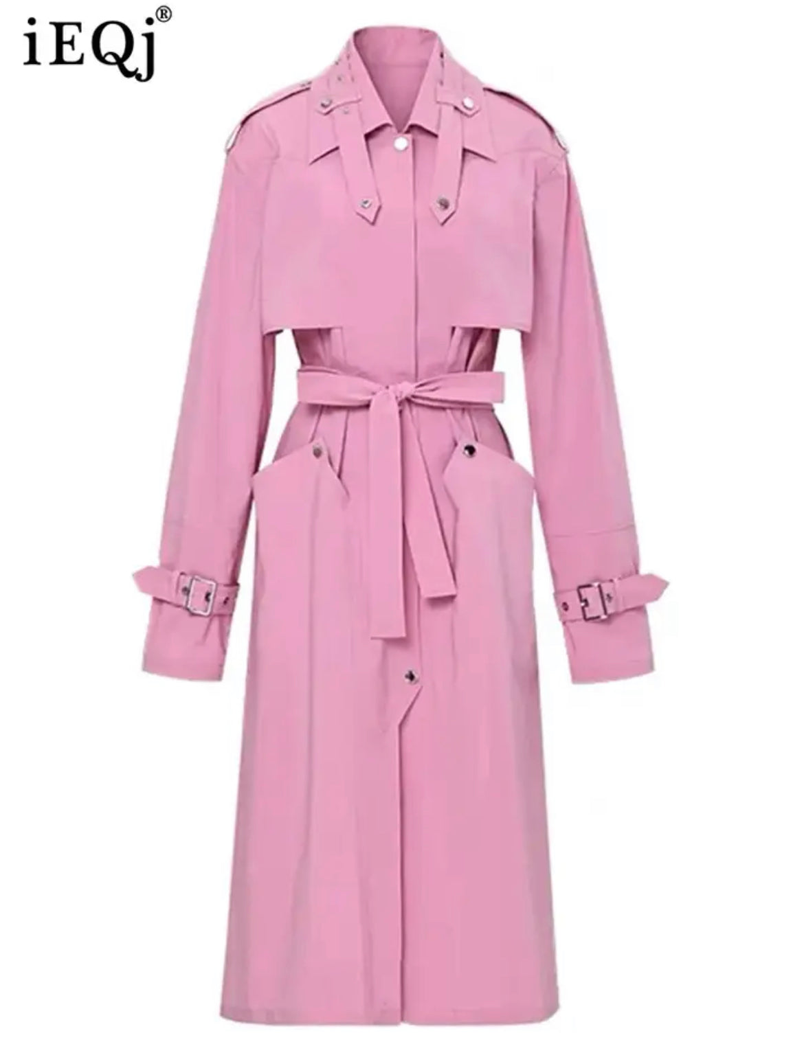 Pink Slim Fit Double-Breasted Winter Dress with Stand Collar"