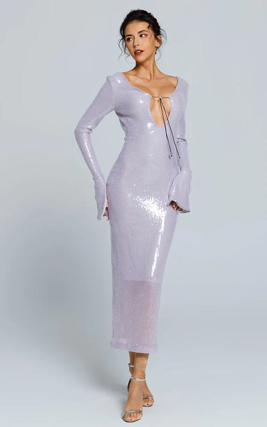 Women's Purple Long sleeve Sequinned Stretch-woven Maxi Dress