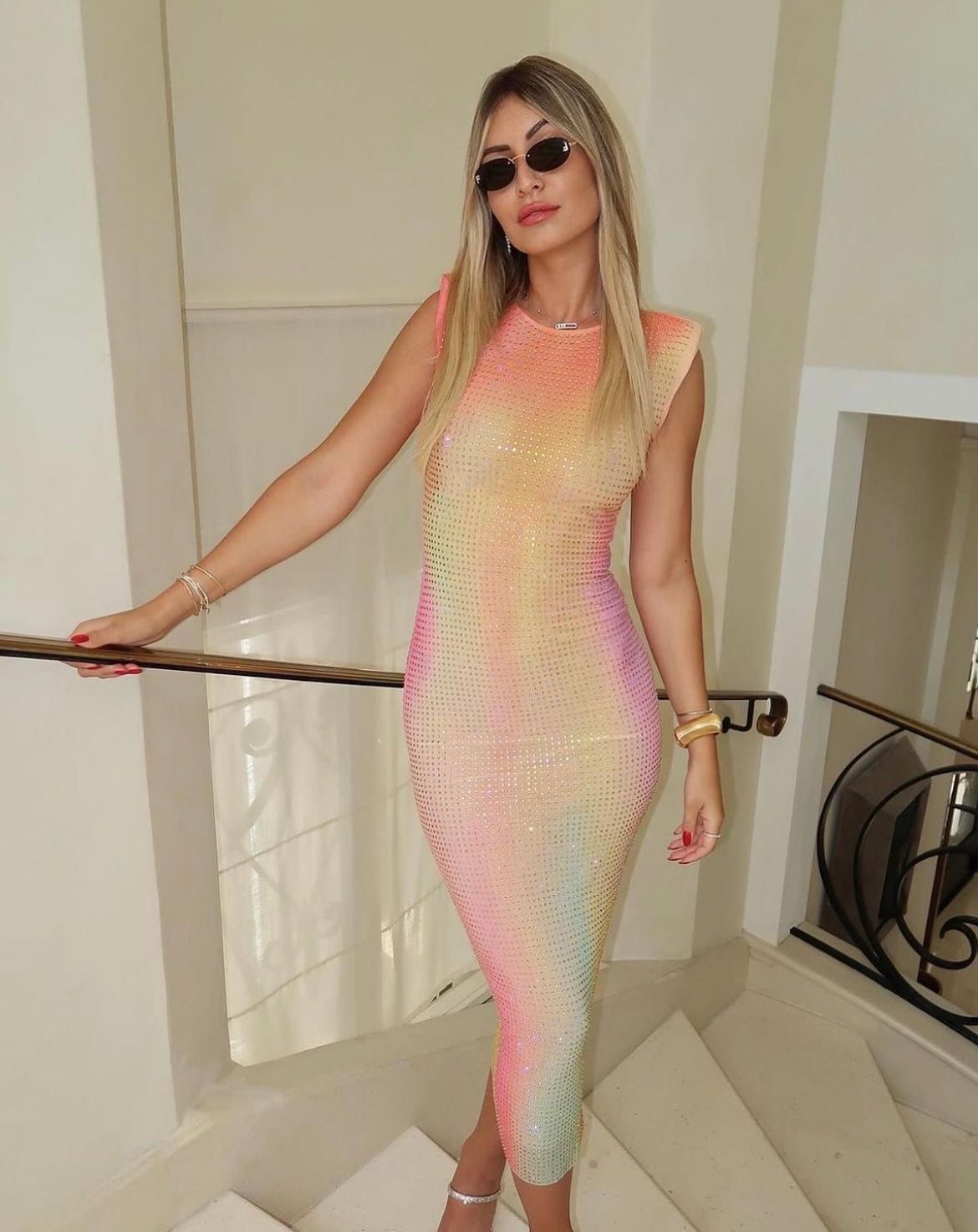 Shiny Crystal-studded Rainbow Ombré Summer Party Midi Dress