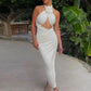 White Lace Up Halter Cross Maxi Dress For Women