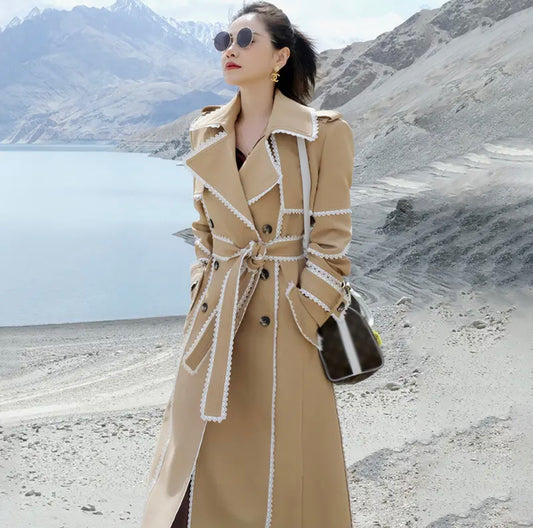 Elegant light beige Contrast Color Lace-up Trench Coat