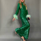 Green Sequined Turtle Neck Feather Midi Slim Mermaid Dress