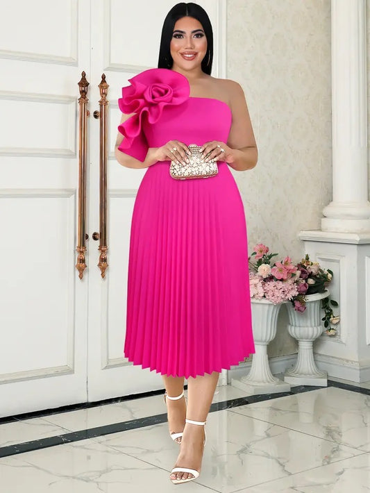 Rose Flower One Shoulder Pleated Party Dress