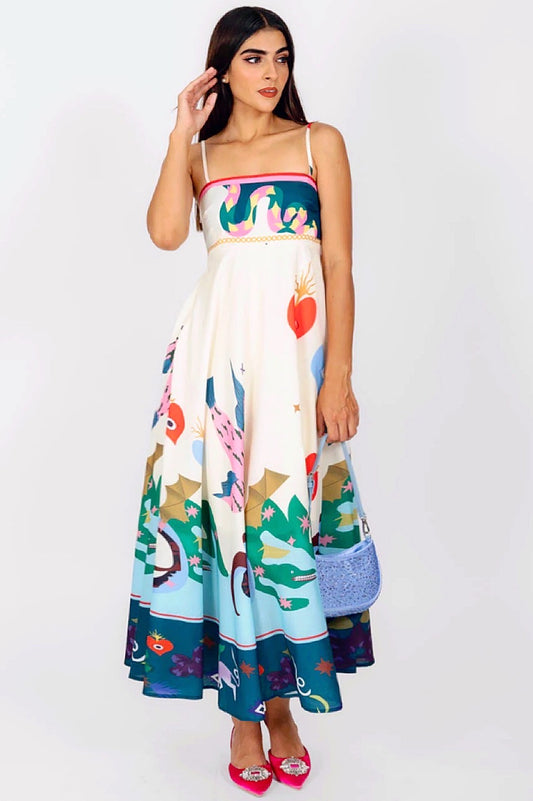Multicolor Square Collar Sleeveless High Waist Colorblock Dress