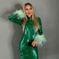 Green Sequined Turtle Neck Feather Midi Slim Mermaid Dress