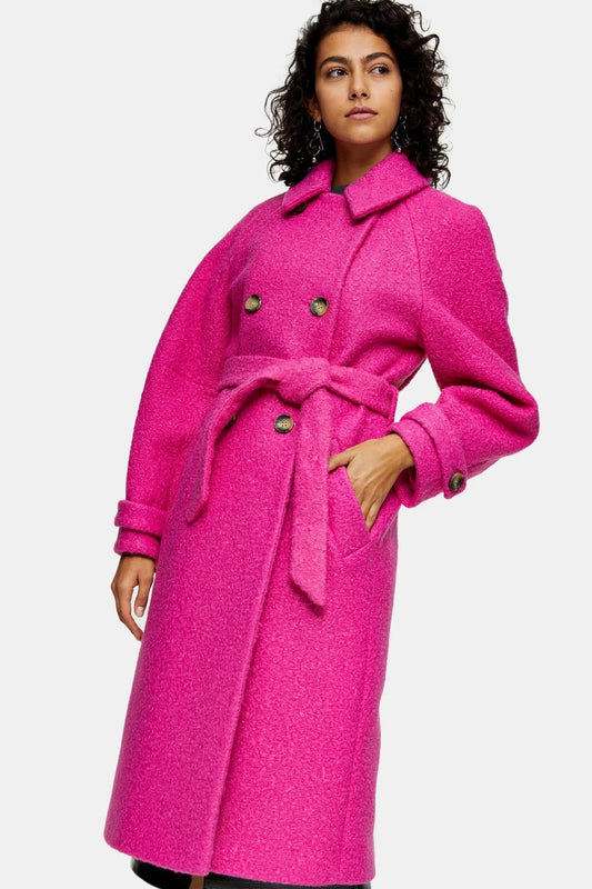 Pink Slim Fit Double-Breasted Winter Dress with Stand Collar"