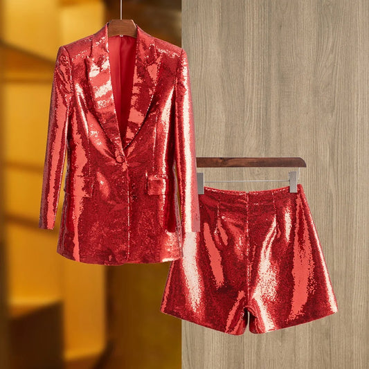Red Sequins blazer and shorts set
