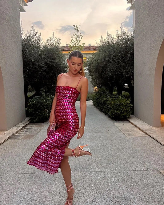 Elegant Sparkling Slim pink Sequin Dress
