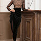 Black Lace Pleated High Slit Slim Dress