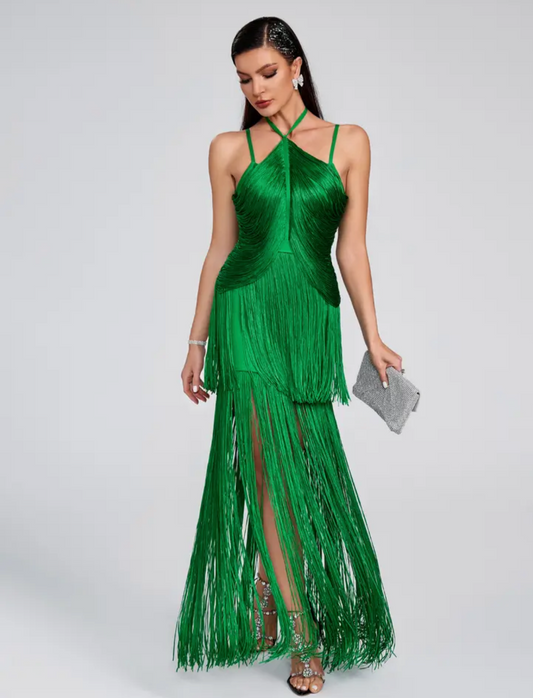 Green "Luxury Backless Green Bodycon Bandage Tassel Dress