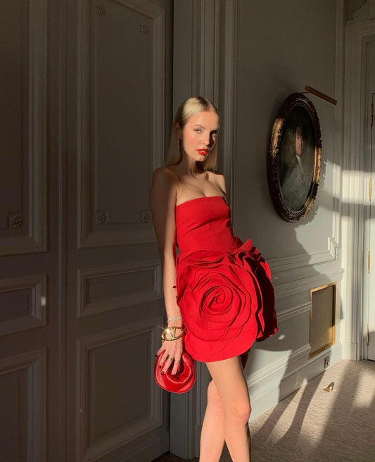 Red 3D flower backless strapless dress