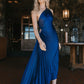 Royal Blue Asymmetrical One-Shoulder Brown Hole Ankle-Length Vintage High Waist Dress
