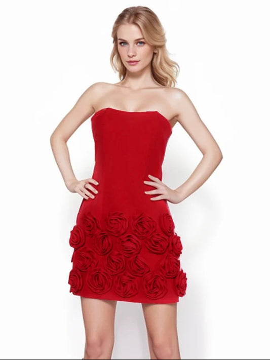 Red 3D flower backless strapless Dress