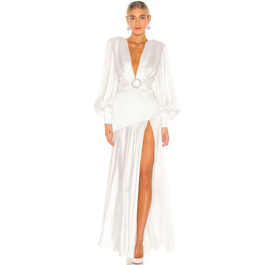 White  V-neck Long Sleeve Split Waist Belt Pleated Long Dress