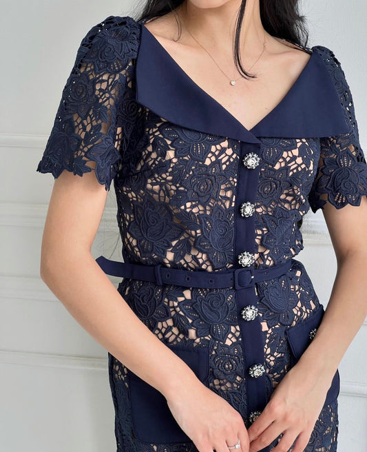 NAVY LACE MIDI DRESS WITH OPEN NECKLINE AND CINCHED WAIST BELT