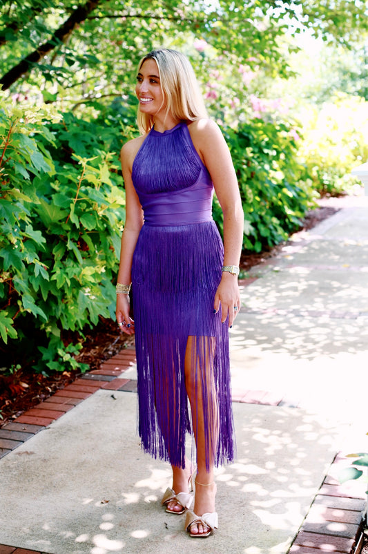 Purple long maxi tassel fringe Bandage Dress party evening dress