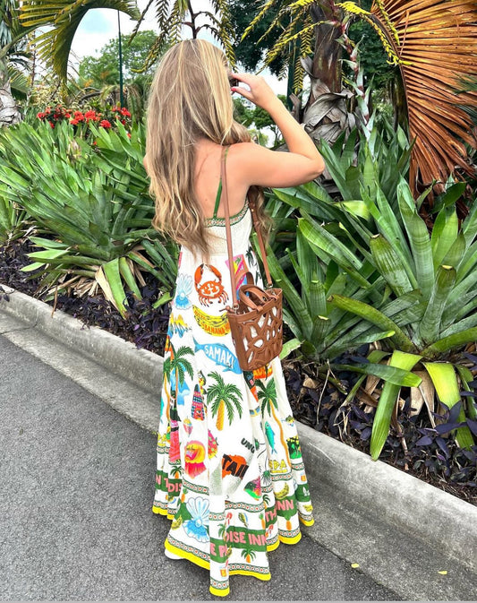 Strapless Green Floral Printed Swing Sling Long Dress