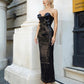 Sequins 3D Flower Black Sexy V-neck Strapless Tight Fit Long Dress