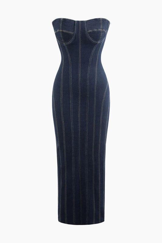 Denim Strapless Maxi Seamless Zipper Slit Dress