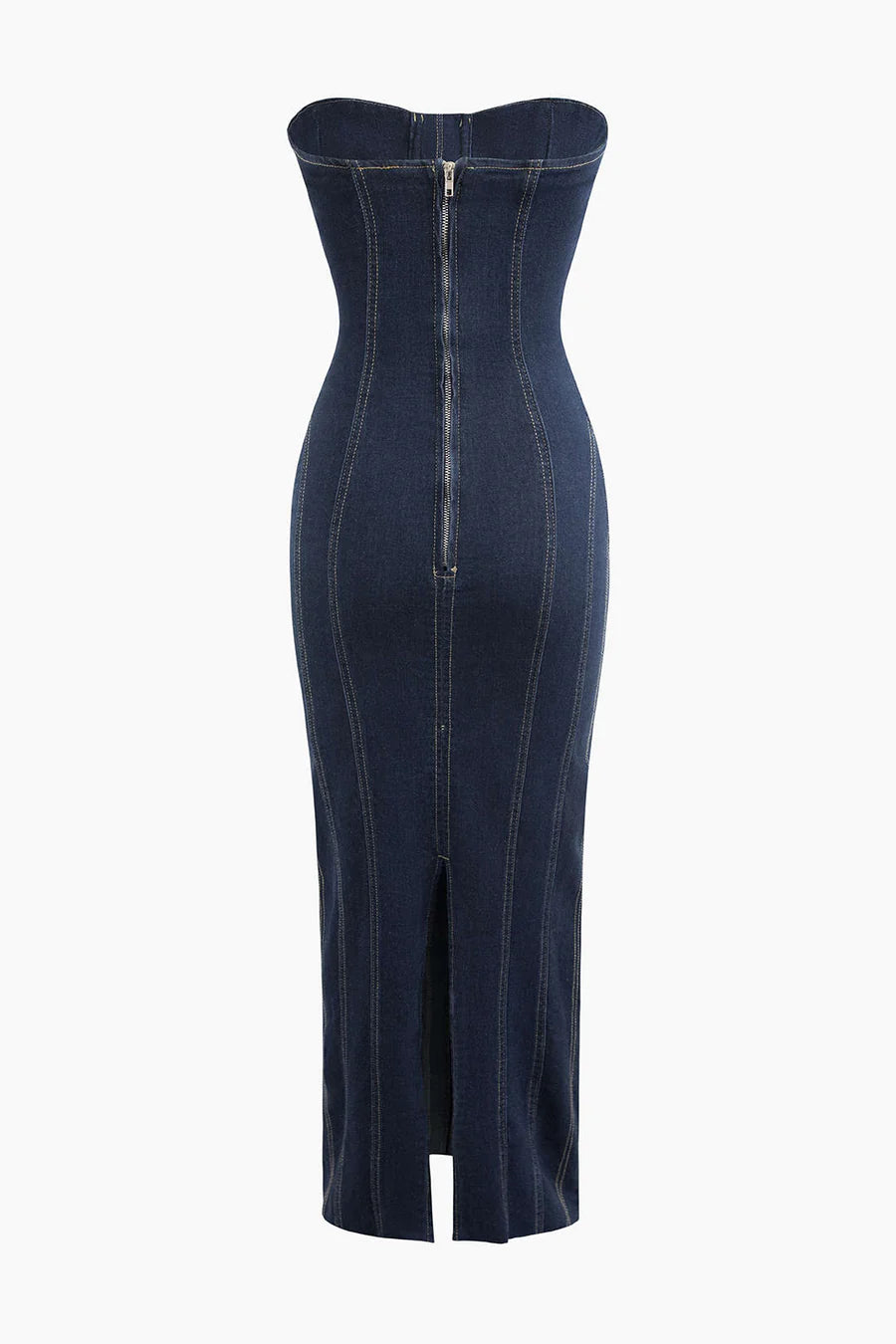 Denim Strapless Maxi Seamless Zipper Slit Dress