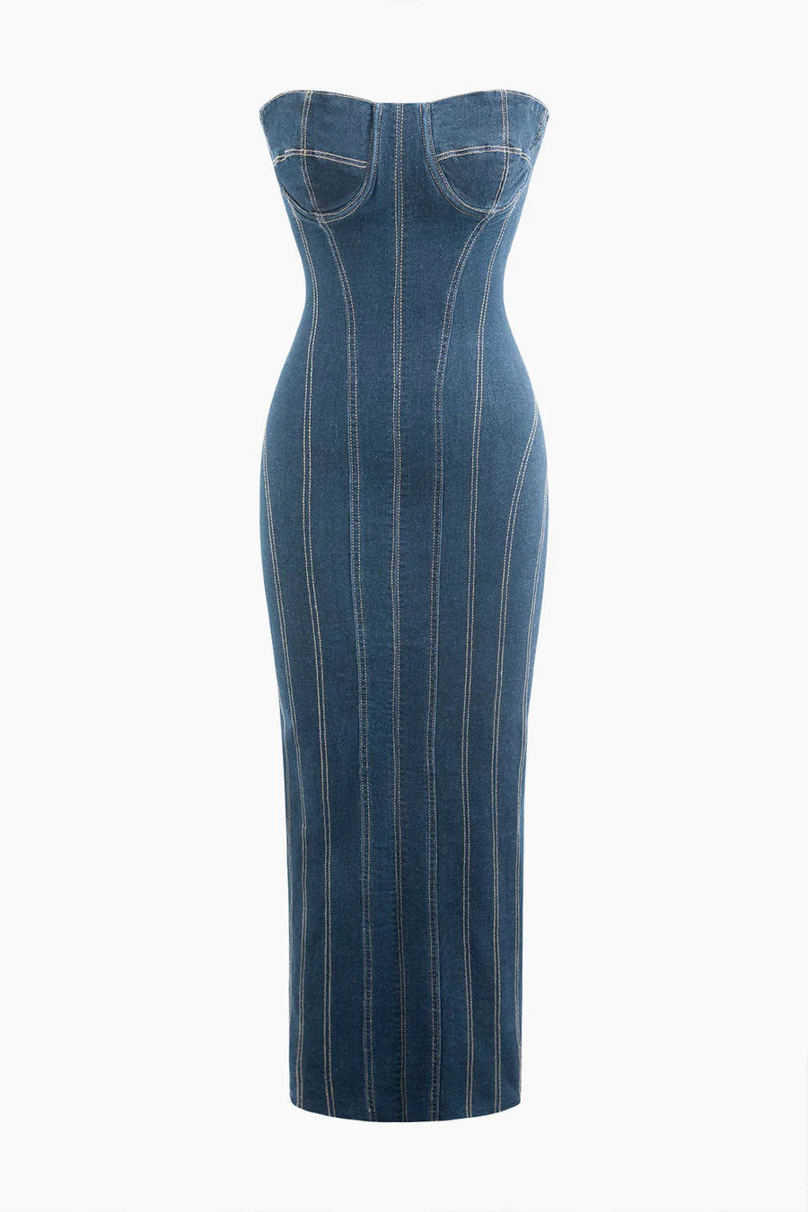 Denim Strapless Maxi Seamless Zipper Slit Dress