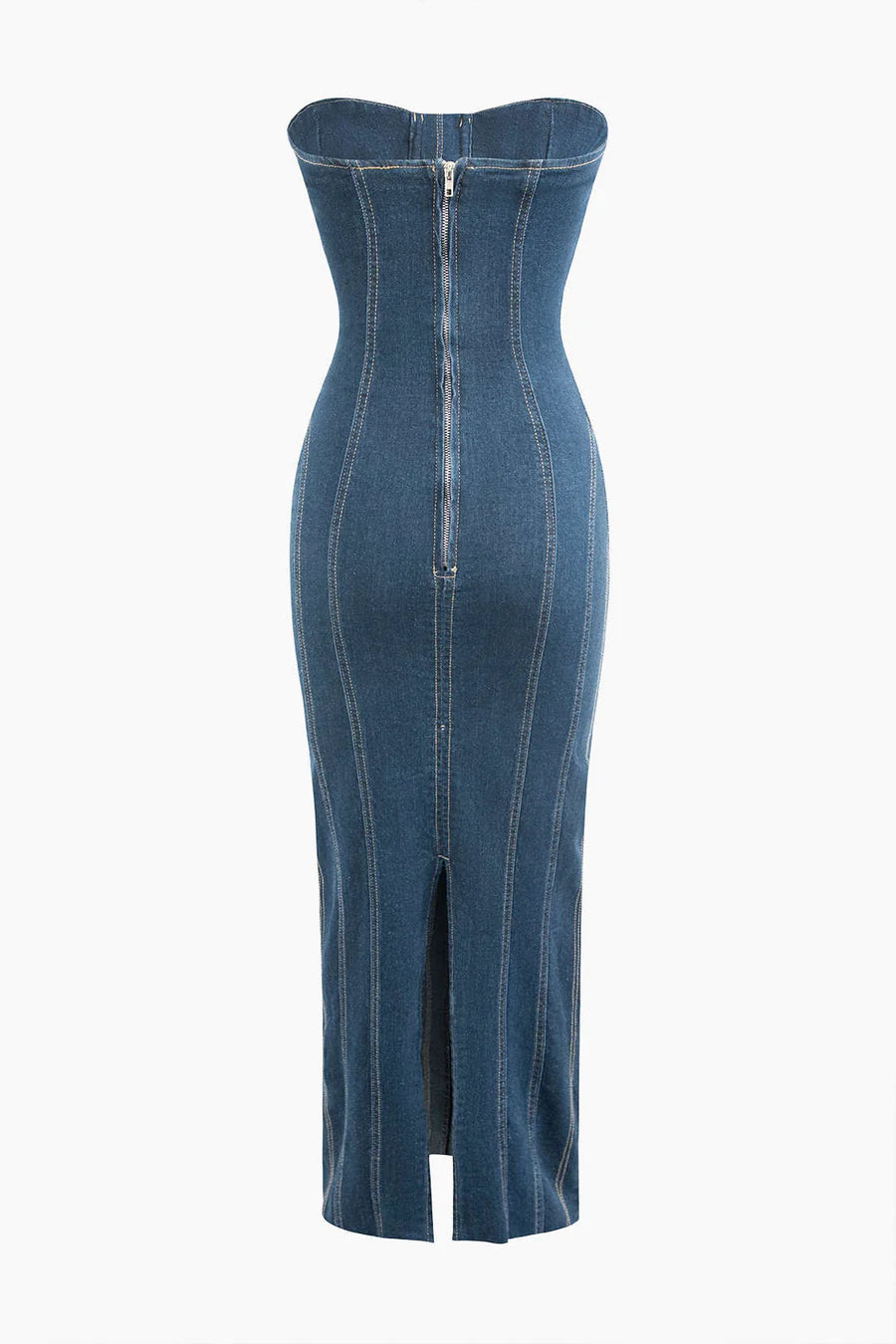 Denim Strapless Maxi Seamless Zipper Slit Dress