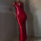Red Sequin Long Dress V-neck  3D Flower Dress