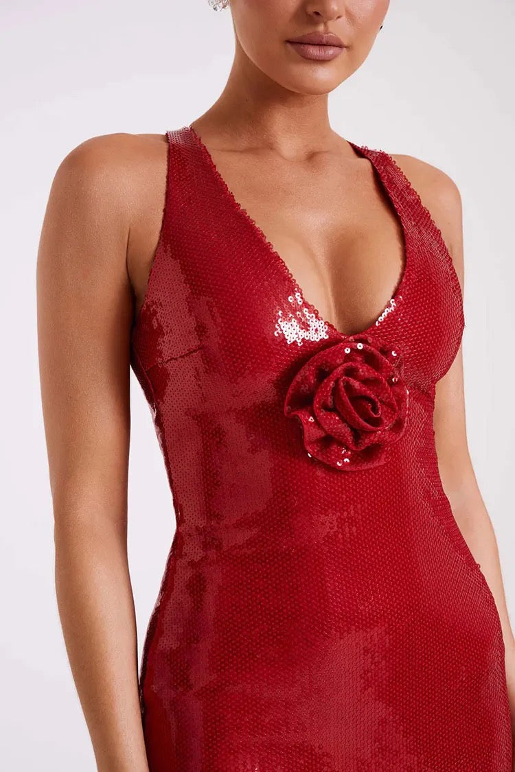 Red Sequin Long Dress V-neck  3D Flower Dress