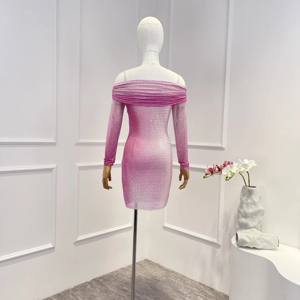 Pink Shaded Diamond slash neck slim fashion party mini dress