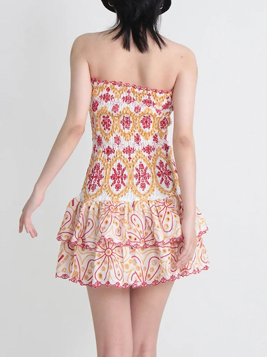 Pink Cutwork Hollow Out Printed Dresses For Women