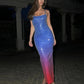 Blue Strapless Gradient Sequin Midi Dress