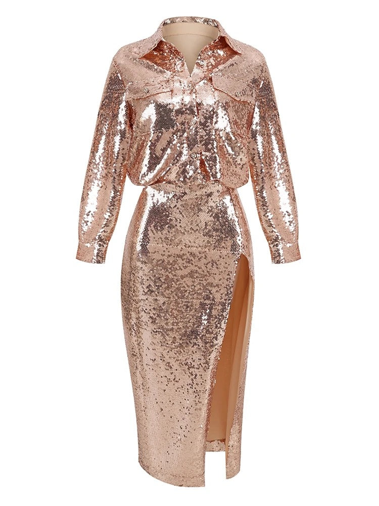 Rose Gold Long Sleeve Top+Long Edge Split Sequin Skirt Set