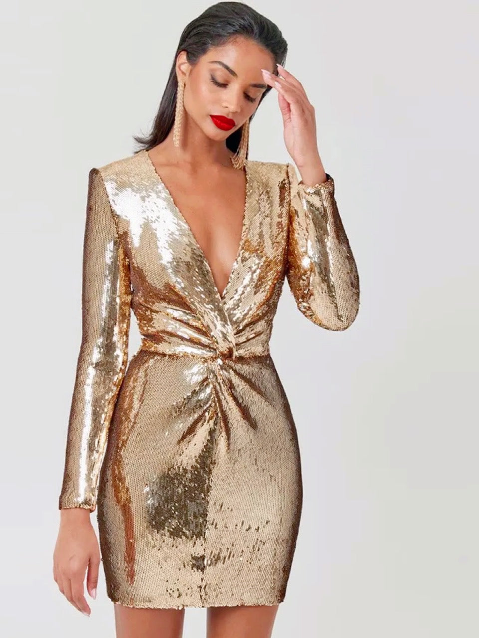 Golden V Neck Sparkle Sequined Mini Dress